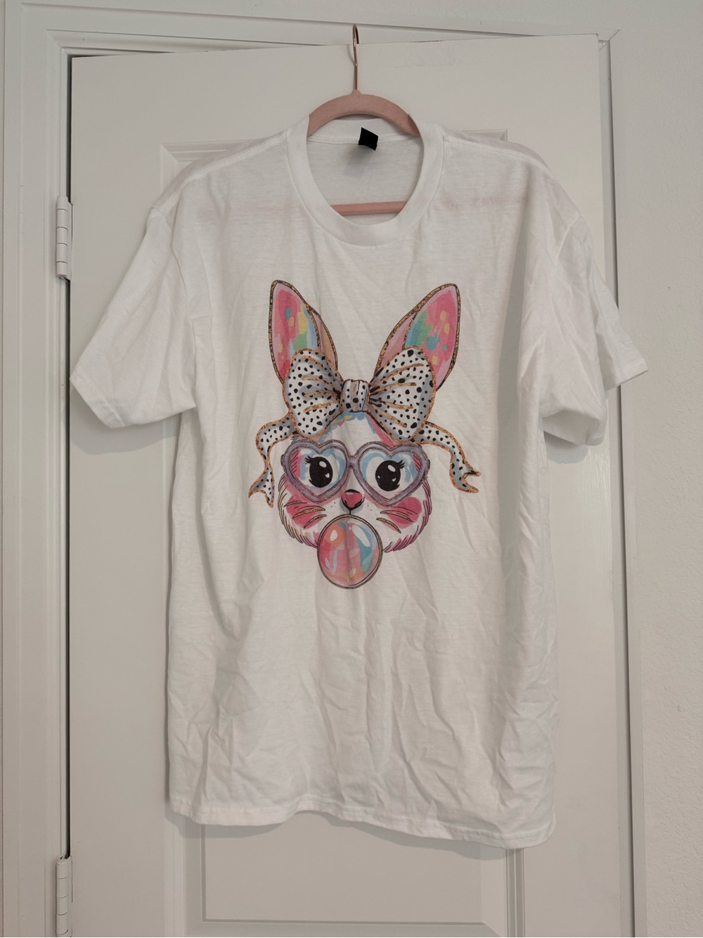 Girls' White Graphic Bunny Tee with Pastel Accents